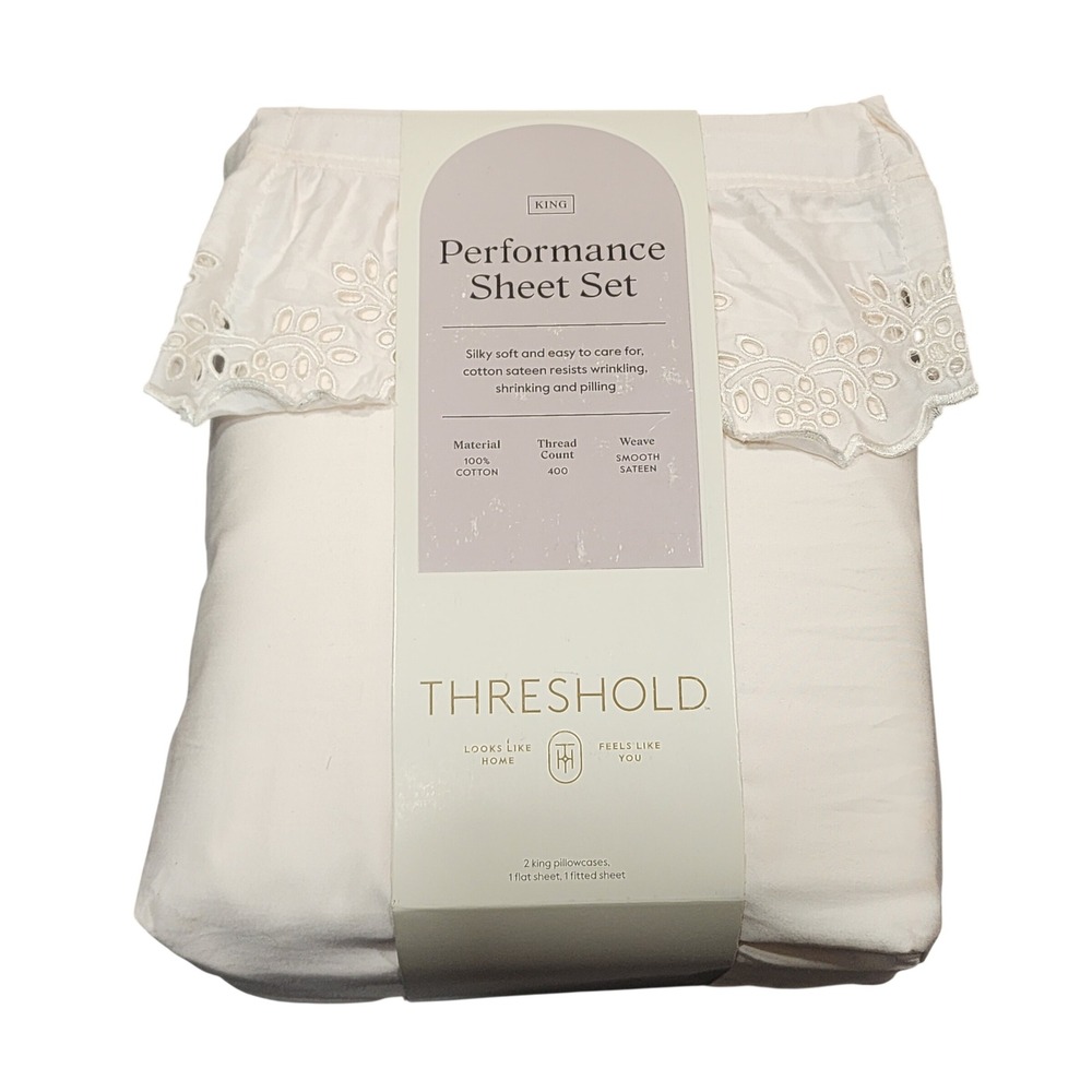 Threshold Performance King Sheet Set 400TC Cotton Sateen Eyelet Ruffle Ivory